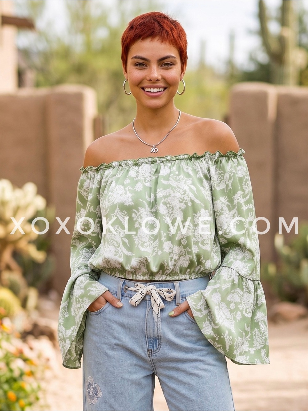 Peach Love Sage Green Floral Satin Crop Top | Off Shoulder Bubble Bell Sleeve